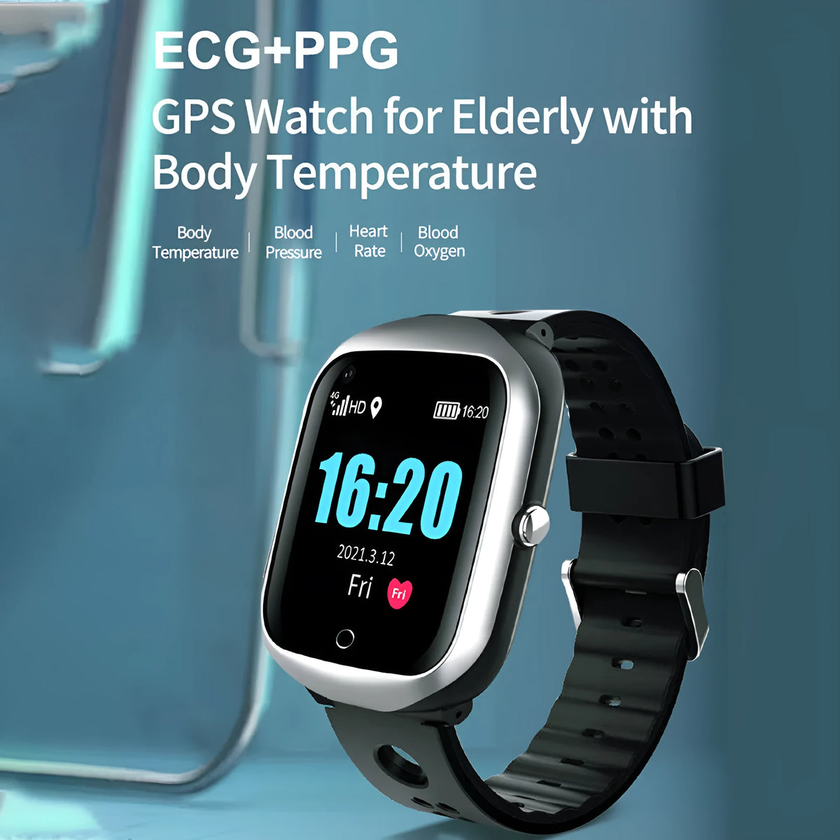 Square silver elderly smartwatch with silicone strap on a wrist, showing a 1.3-inch display