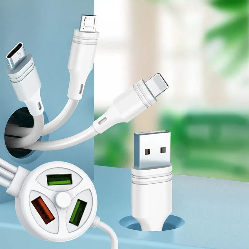 White PVC phone charging cable with USB, Micro USB, and TYPE-C connectors on a 1.2m length