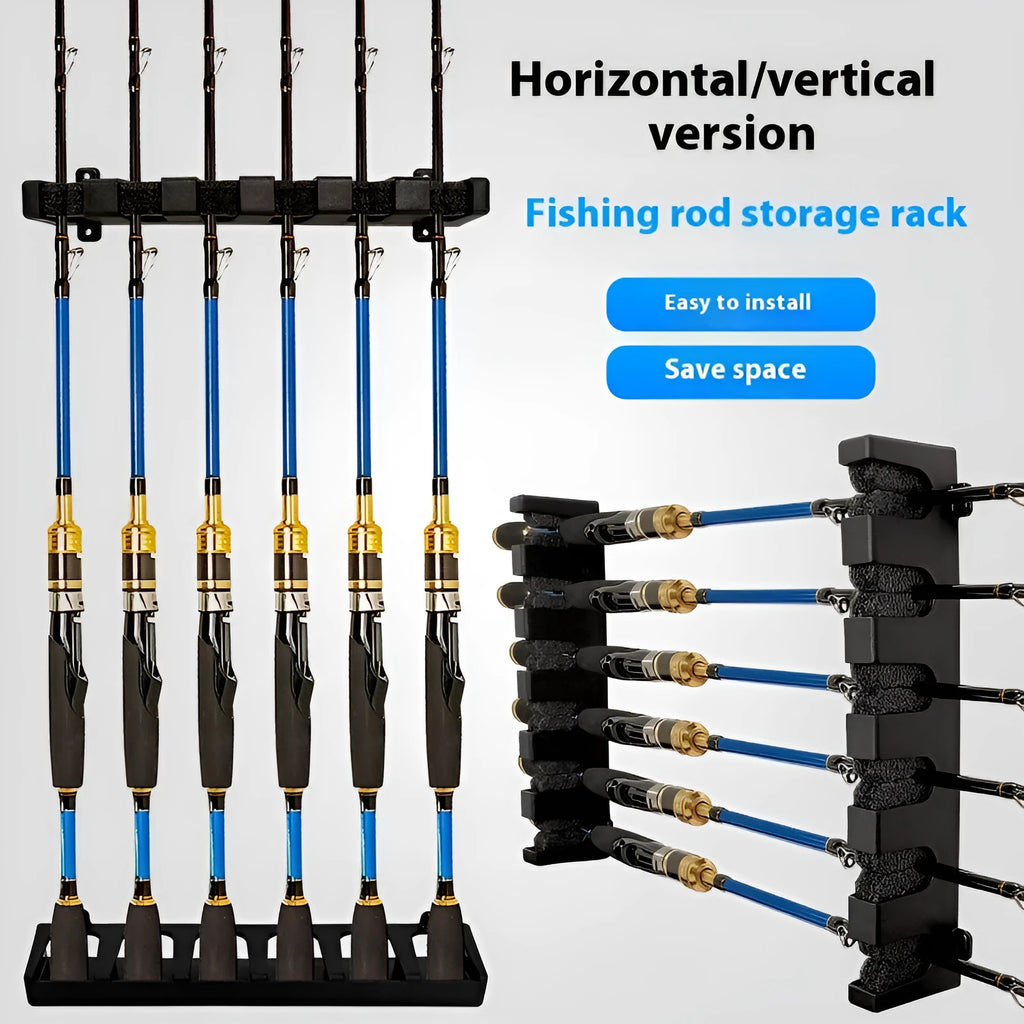 Black ABS plastic wall-mounted fishing rod holder for horizontal or upright storage