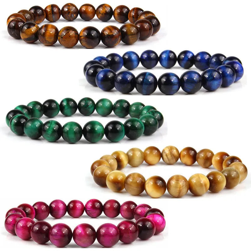 Natural Tigereye crystal bracelet with round beads, showing colour options including dark blue, green, and red tiger eye.