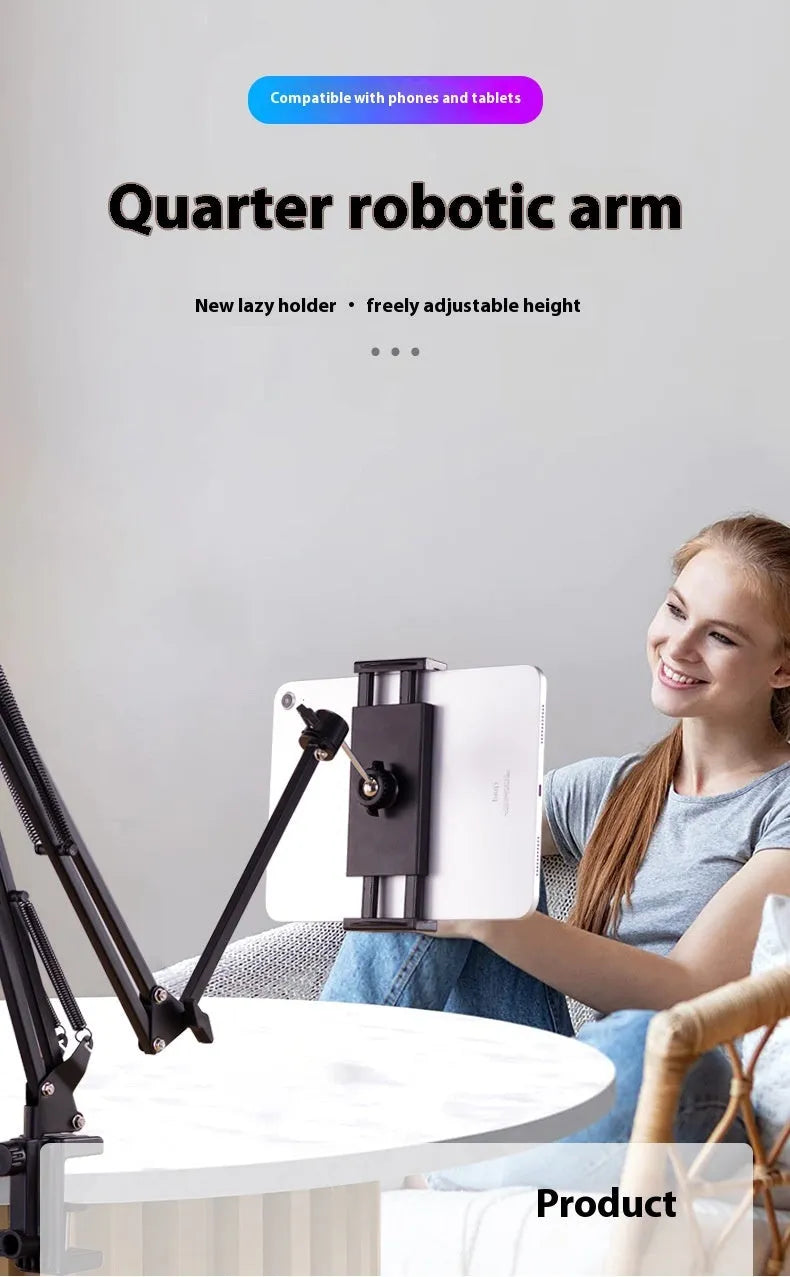 Black foldable metal desktop bracket holding tablet at adjustable angle