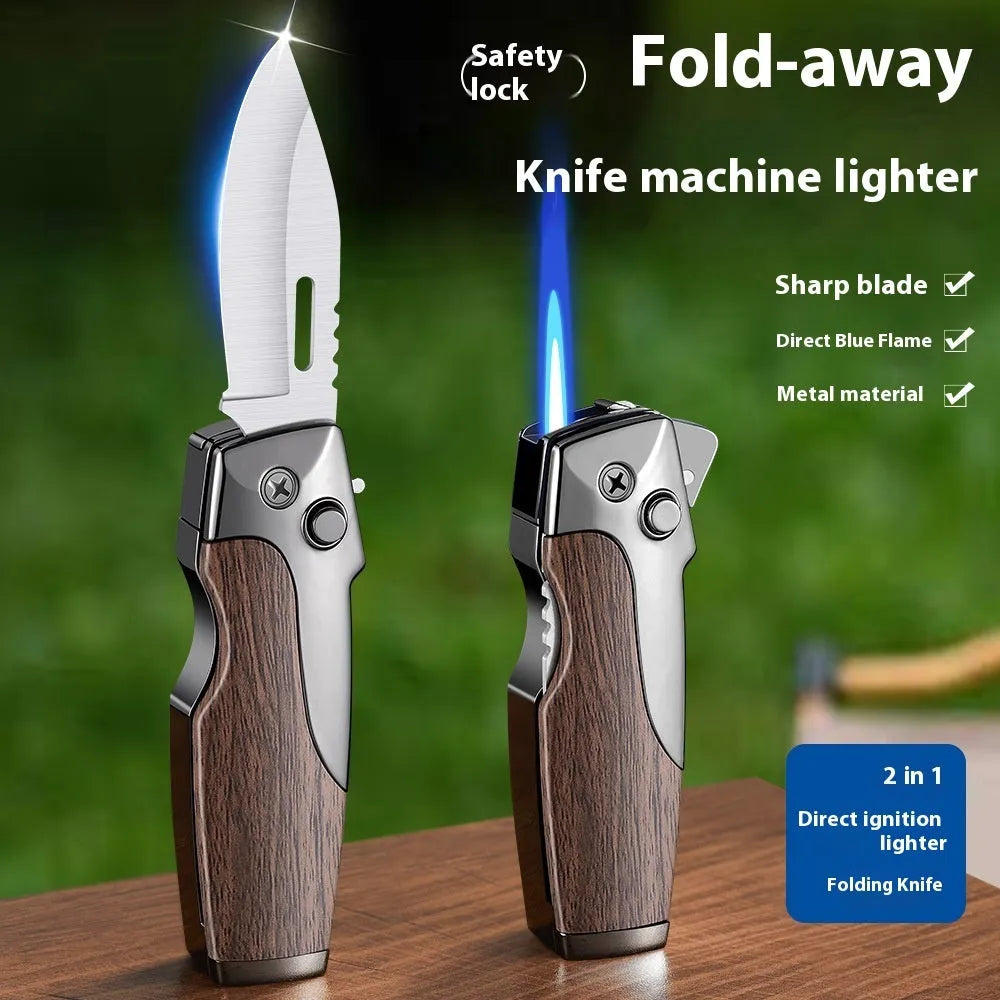 Outdoor metal folding lighter with integrated knife in various colour and texture finishes