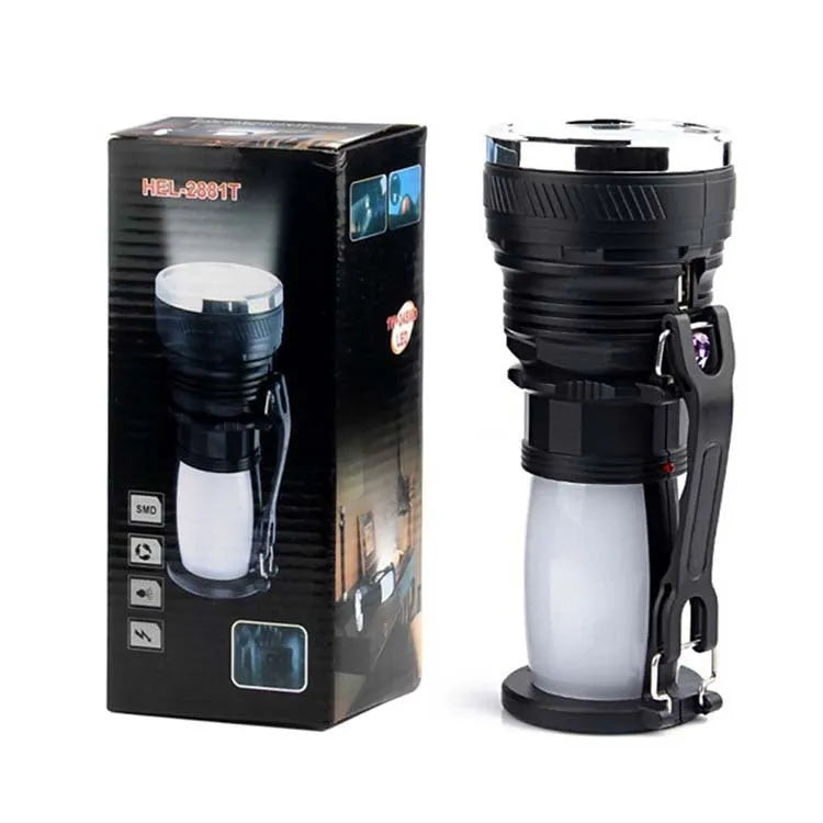 Black solar charging LED flashlight with USB outlet for emergency and outdoor use
