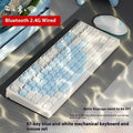 Wireless mechanical keyboard with three connection modes showing blue-white colour option and 108-key layout