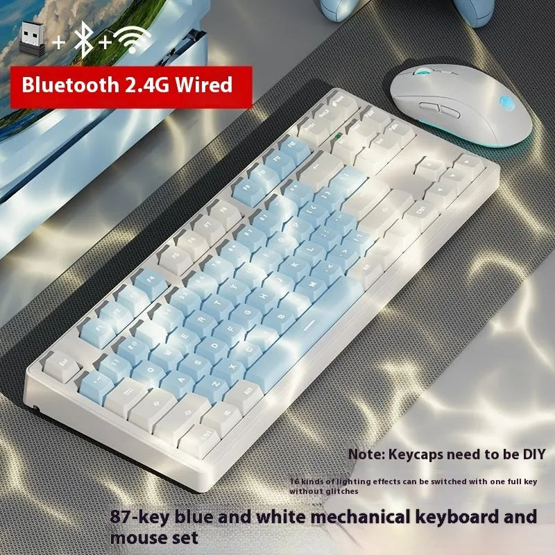 Wireless mechanical keyboard with three connection modes showing blue-white colour option and 108-key layout