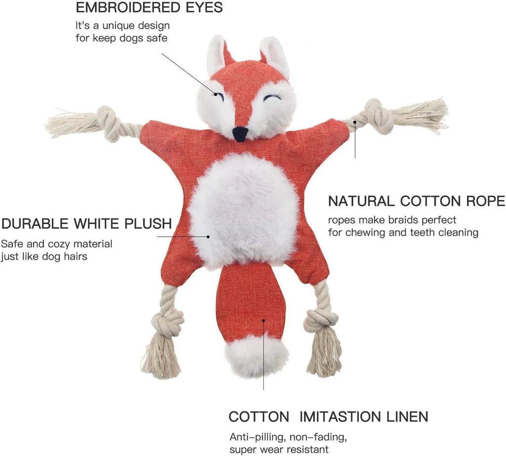 Brown plush fox dog toy with embroidery eyes, cotton rope limbs, and crinkle paper body