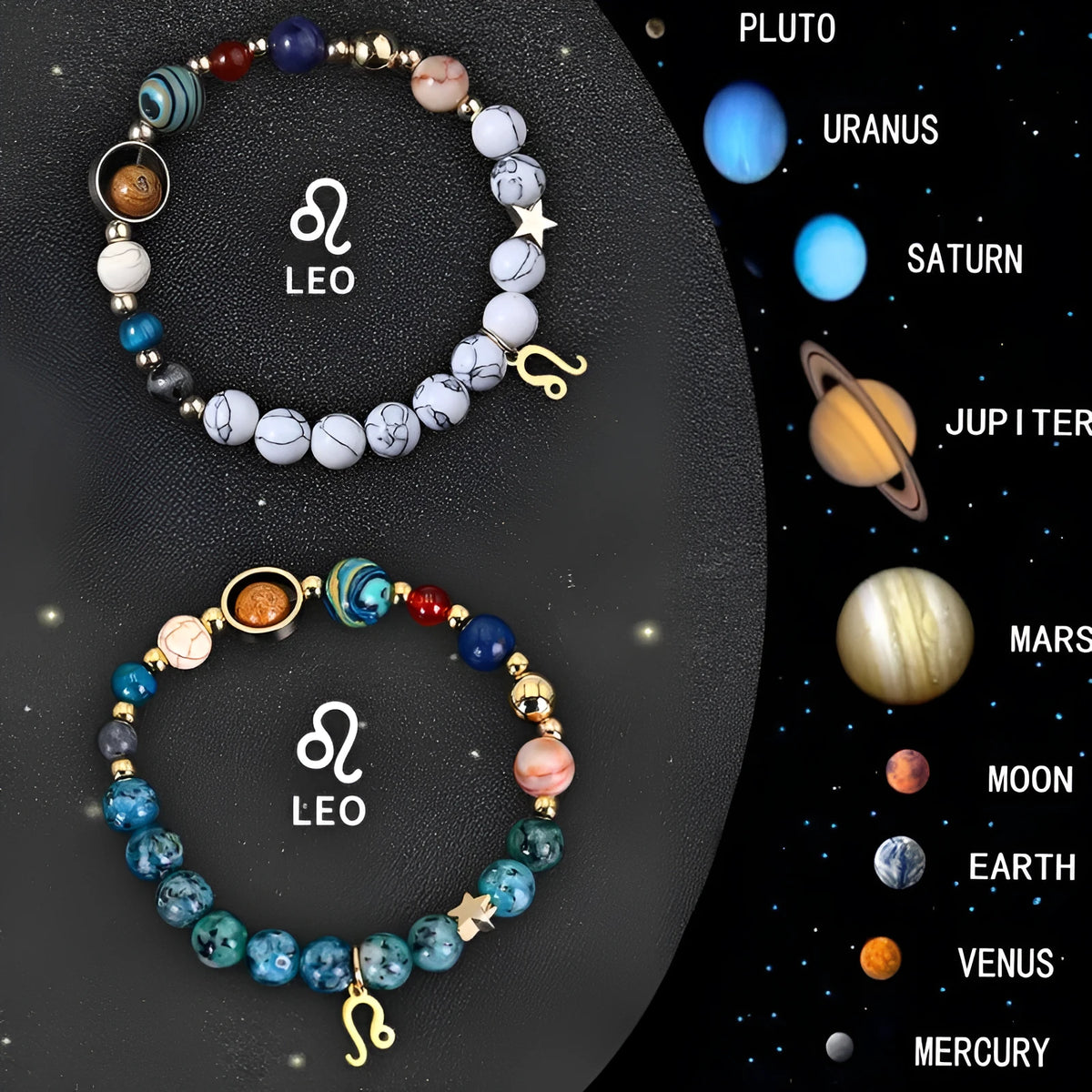 Natural stone beaded zodiac bracelet set showing two bracelets for astrology jewellery