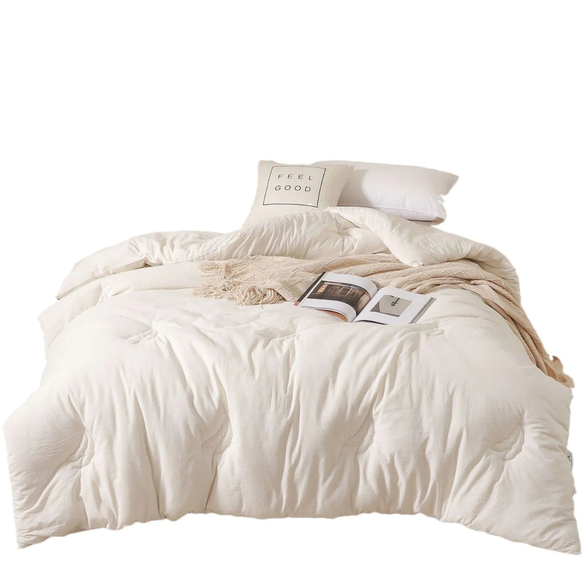 Soybean fibre filled quilt with pure cotton twill cover shown in grey, pink jade, and white colour options.