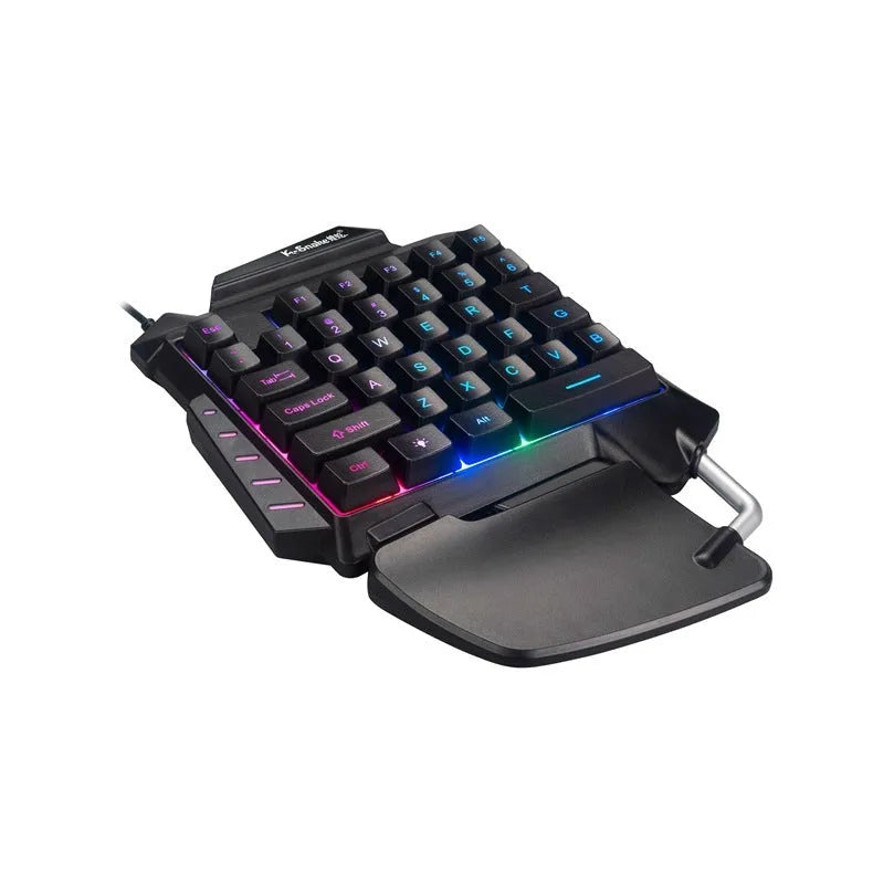 Black left-handed one-handed Throne converter gaming keyboard with hand rest for desktop.