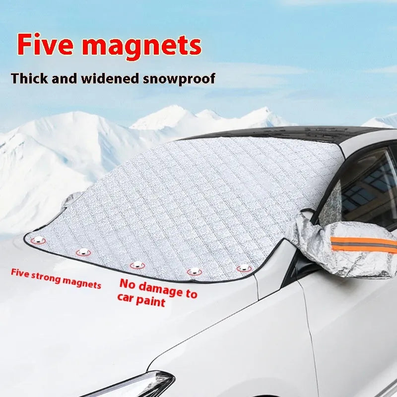Aluminium foil car windscreen cover with edge reflective stripes for SUV frost protection.