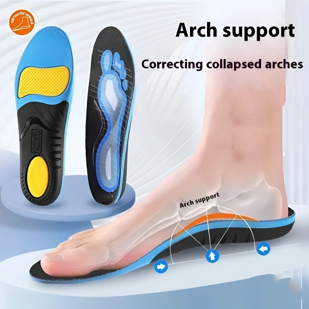 Blue and green flat foot correction PU foam insoles showing arch support pad, with universal size markers.