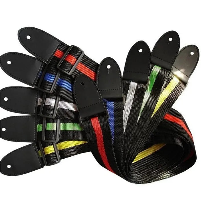 Woven fabric crossbody instrument strap for guitar, bass, and ukulele shown in multiple colour options