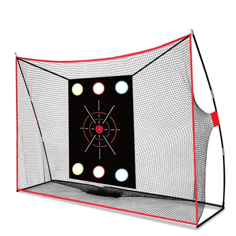 Golf wedge training net with straw practice mat and red practice balls
