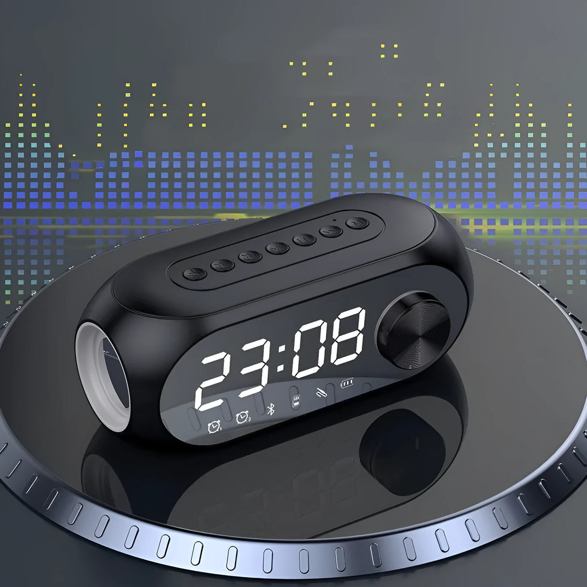 S8 series portable mini clock speaker in black, white, or blue colour with digital display and USB cable.