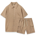 Women's elastic waist shorts and short sleeve top co-ord set in beige.
