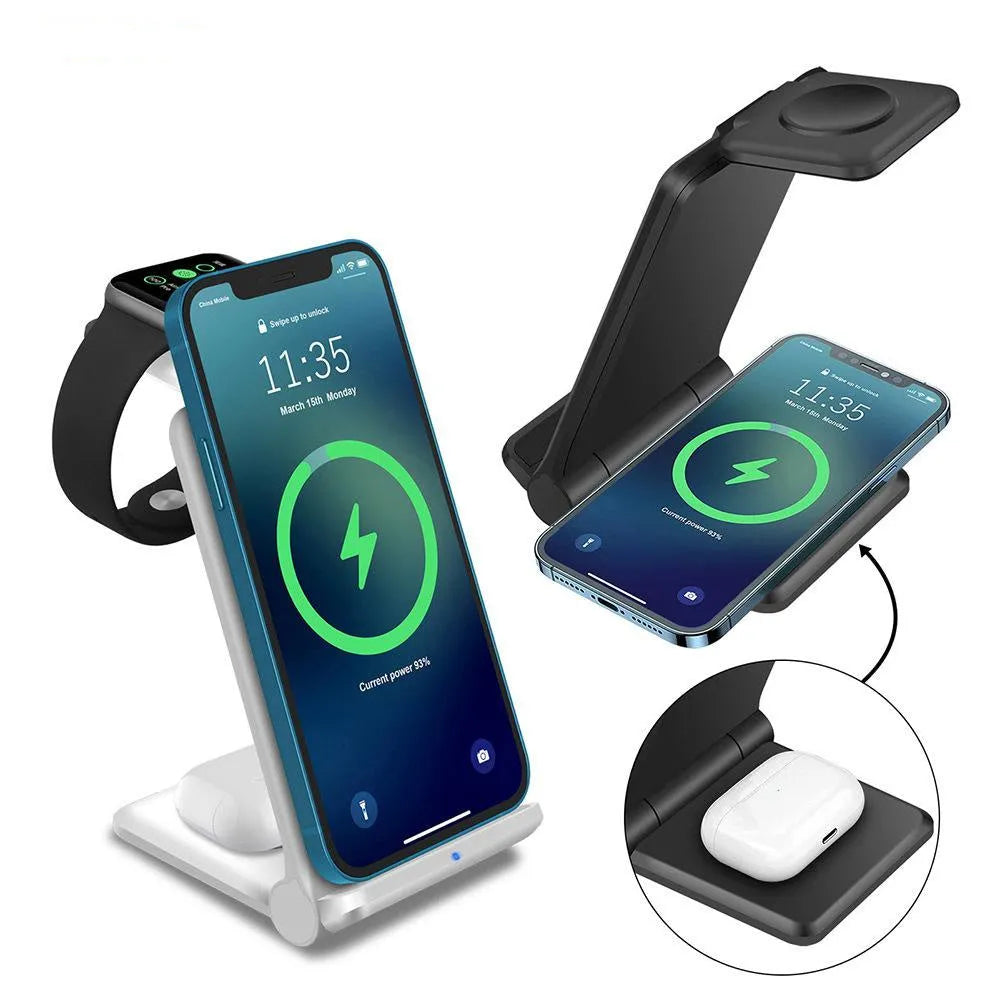 Black and white 3-in-1 foldable wireless charging station for iPhone, Samsung phone, AirPods and Apple Watch.