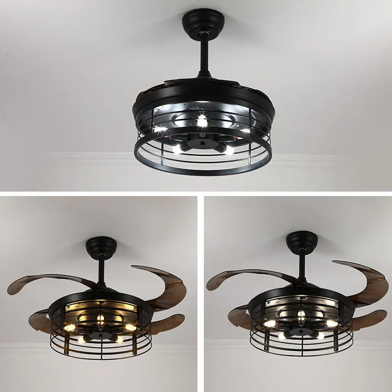 Industrial-style 42-inch ceiling fan lamp with invisible acrylic blades and integrated light shade