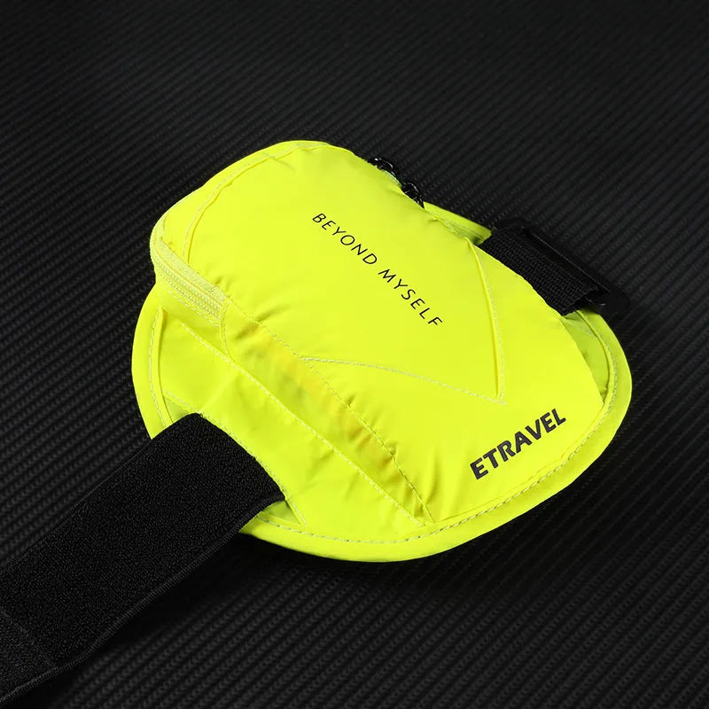 Reflective running arm bag with 7-inch capacity shown in black with reflective strips for night safety