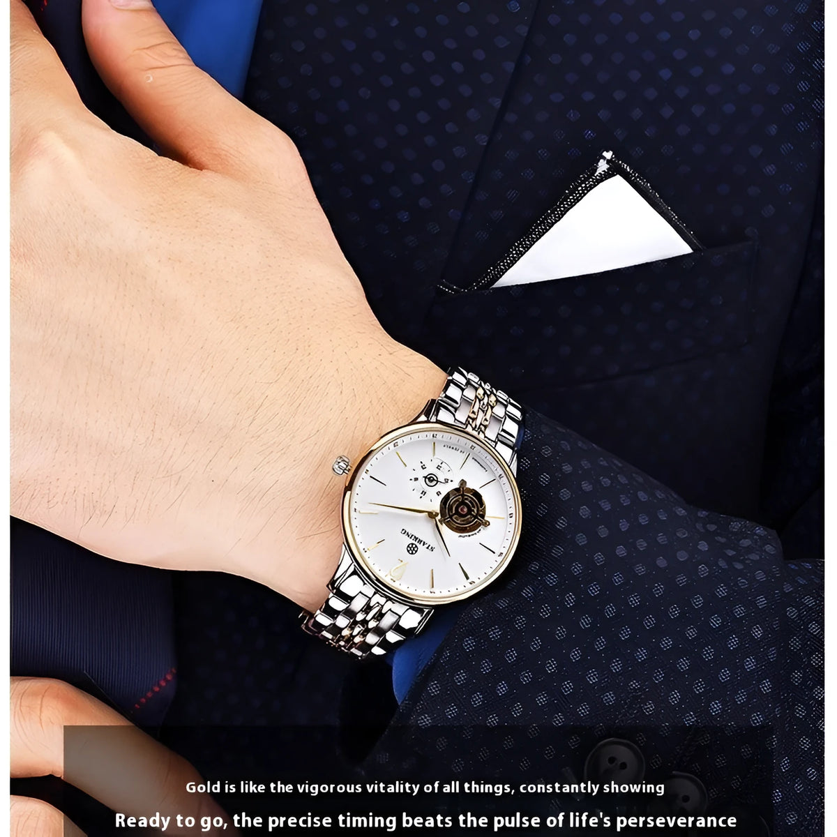 Men's automatic mechanical watch with hollow skeleton dial showing movement through sapphire glass
