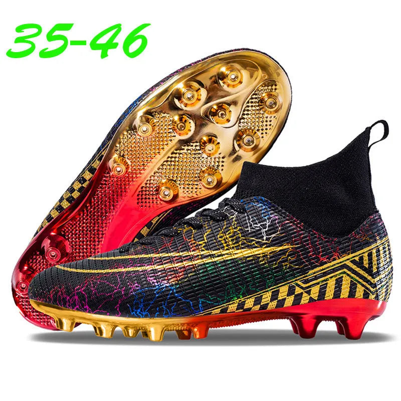High-top football training shoes with gold-plated PVC soles in black, white and mandarin duck colours