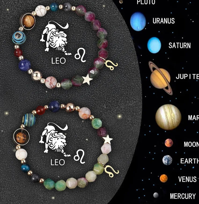 Natural stone beaded bracelets showing twelve Chinese zodiac sign styles with two bracelets per zodiac