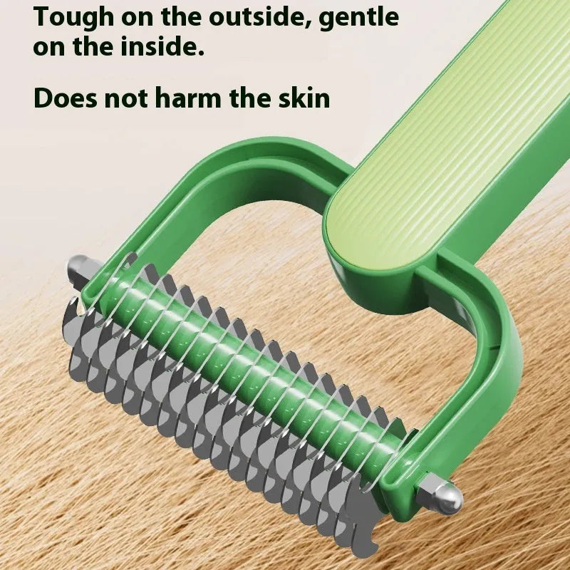 Green dog grooming comb with stainless steel teeth for removing knots from pet hair