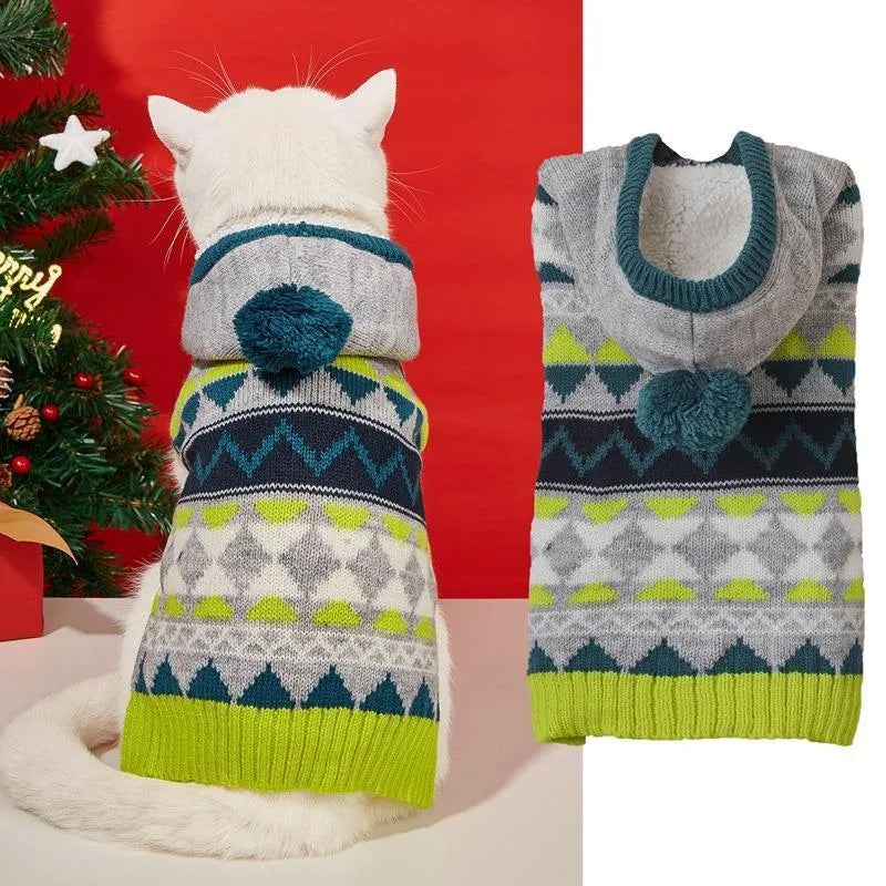 Green diamond pattern pet sweater on small dog showing acrylic knit texture and classic design