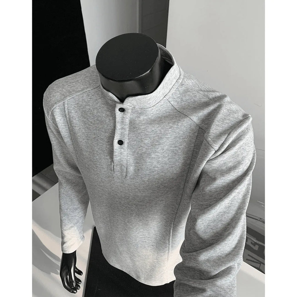 Men's loose fit patchwork collar polo shirt in white gray colour with stand-up collar and long sleeves