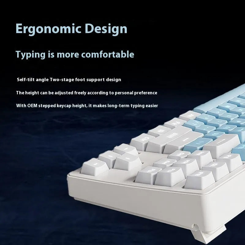 Wireless mechanical keyboard with three connection modes showing blue-white colour option and 108-key layout