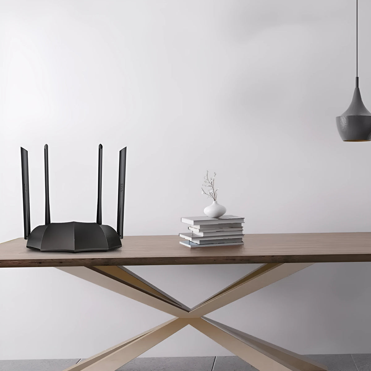Dual-band wireless router with multiple gigabit Ethernet ports on rear panel