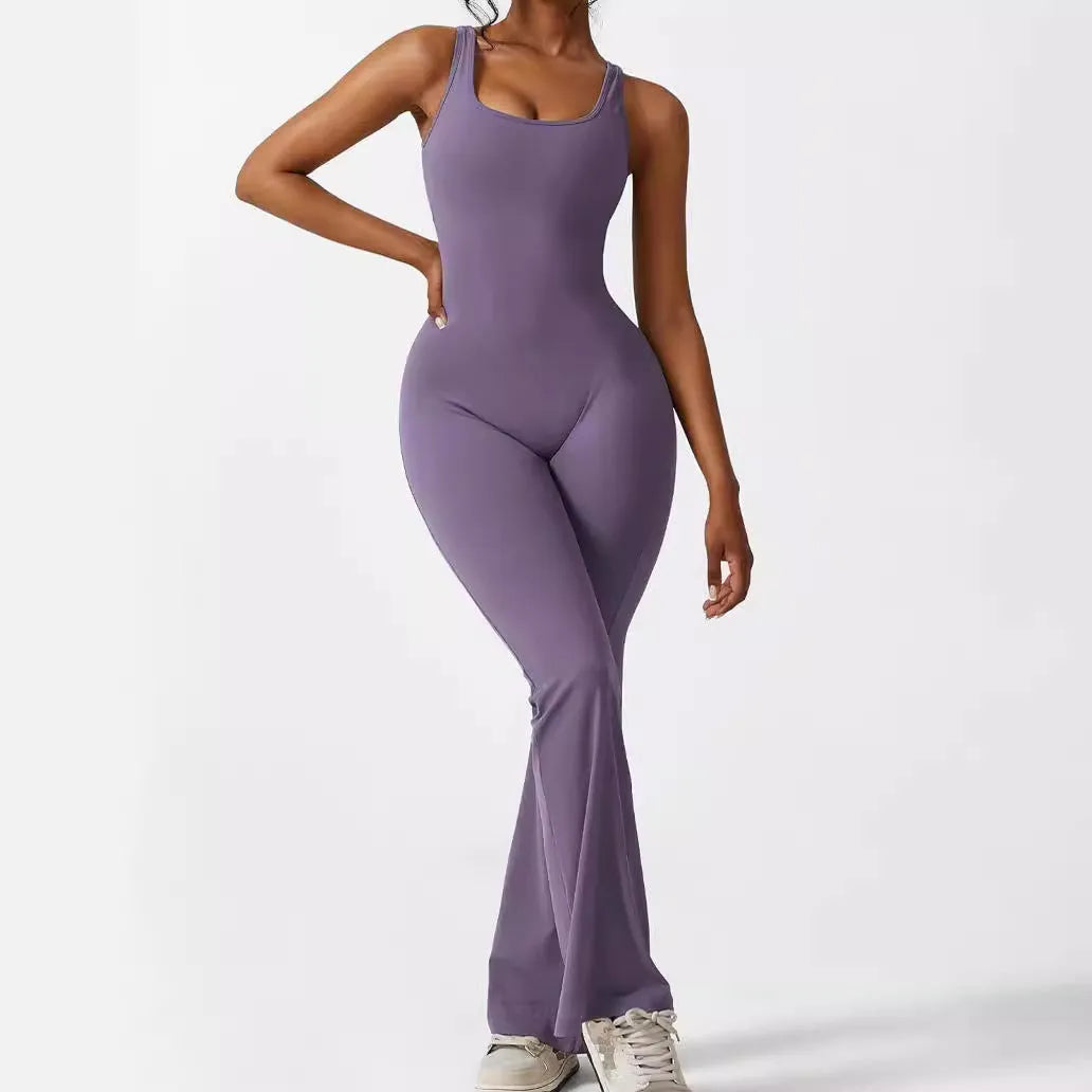 Women's sleeveless black flare jumpsuit long pants for yoga and fitness.