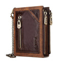 Dark brown men's leather wallet with chain detail and RFID anti-theft protection