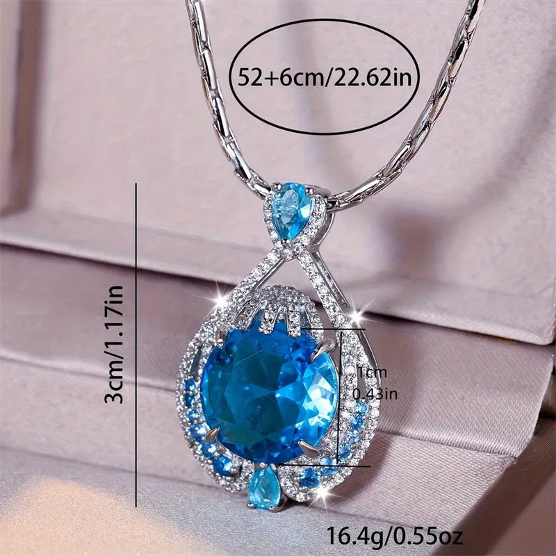 Blue crystal geometric pendant necklace with water wave chain for women's office wear