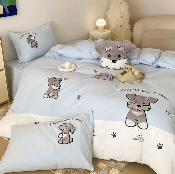 Schnauzer cartoon pattern bedding set with embroidery on duvet cover, sheet and pillowcases
