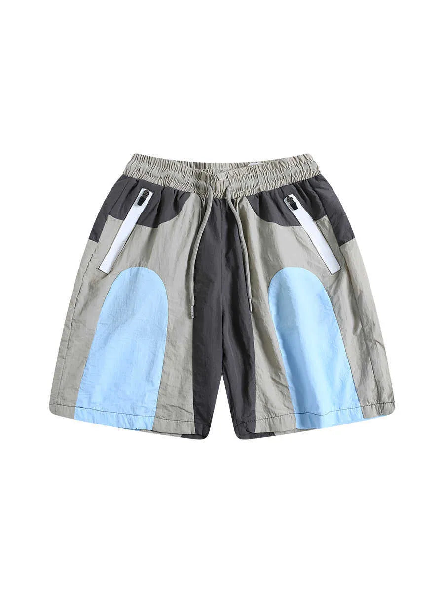 Men's blue patchwork quick-drying sports shorts with loose fit and straight-leg design