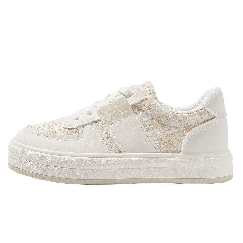 Beige plaid leisure sports shoes with a round toe and lace-up front, showing the rubber sole.