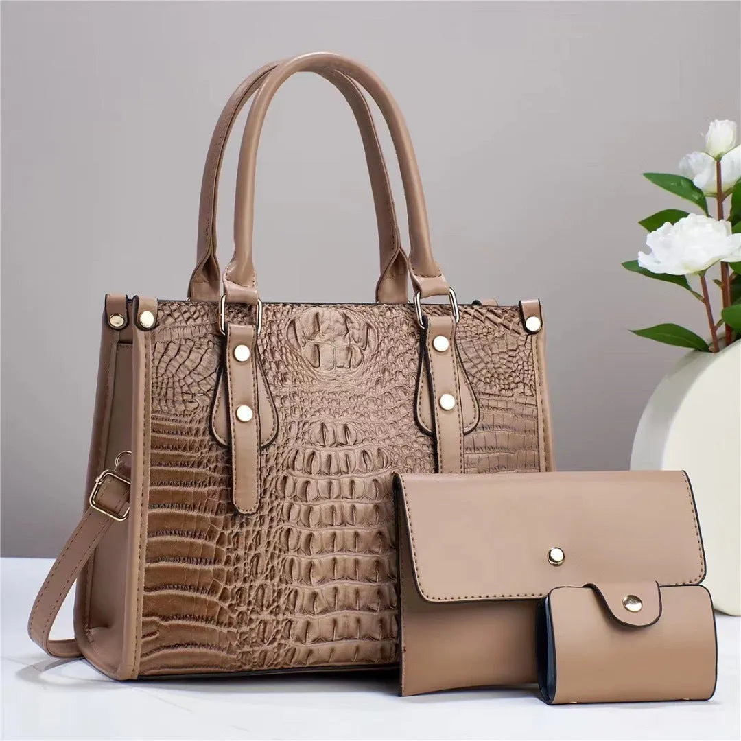 PU leather bucket-shaped crossbody bag, wallet, and card holder set in a contrast colour.
