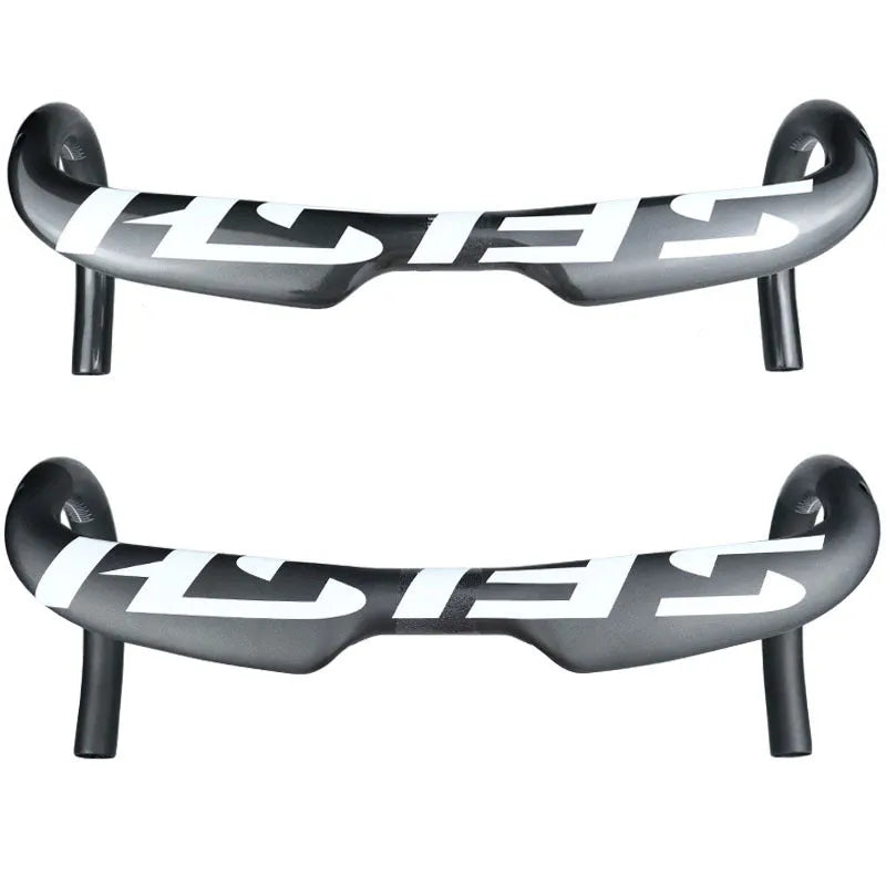 Carbon fibre road bike drop handlebar showing bent shape, available in black and white finishes with size options.