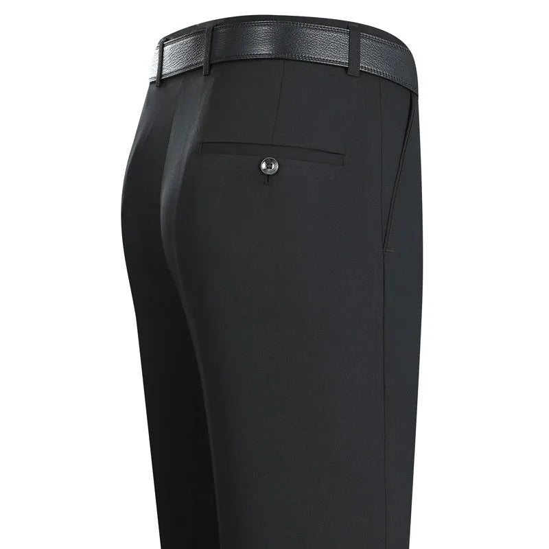Men's straight-leg high-waist trousers in a mulberry silk blend fabric, shown in dark blue.