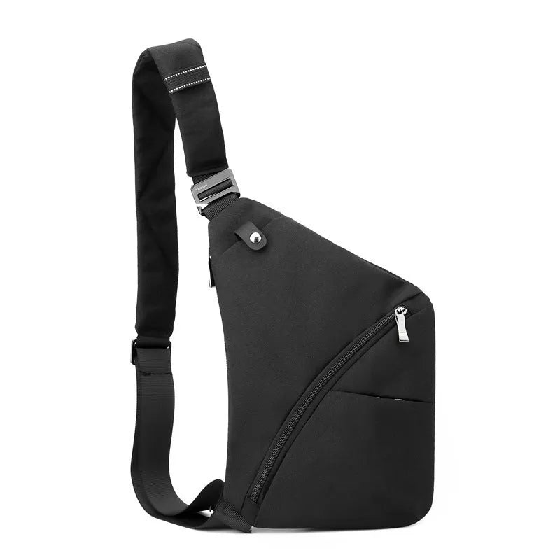 Men's oxford cloth chest bag in black or grey with left or right shoulder carrying options