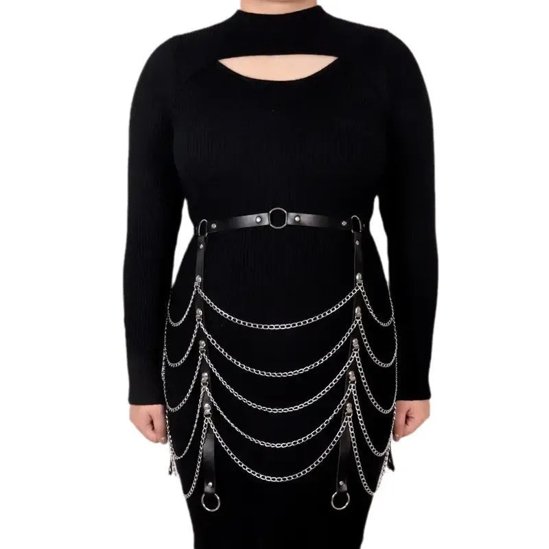 Black PU leather bandage style waist chain with silver metal links for adult female fashion.