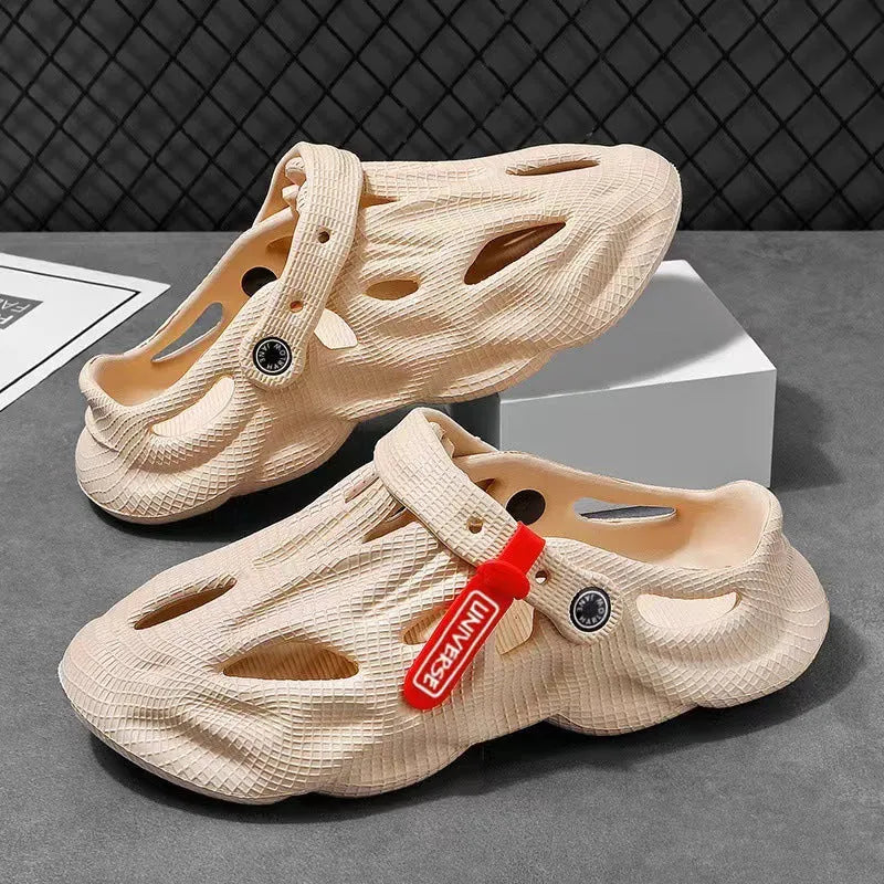 Korean style grey EVA closed-toe coconut slippers on a sandy beach background.