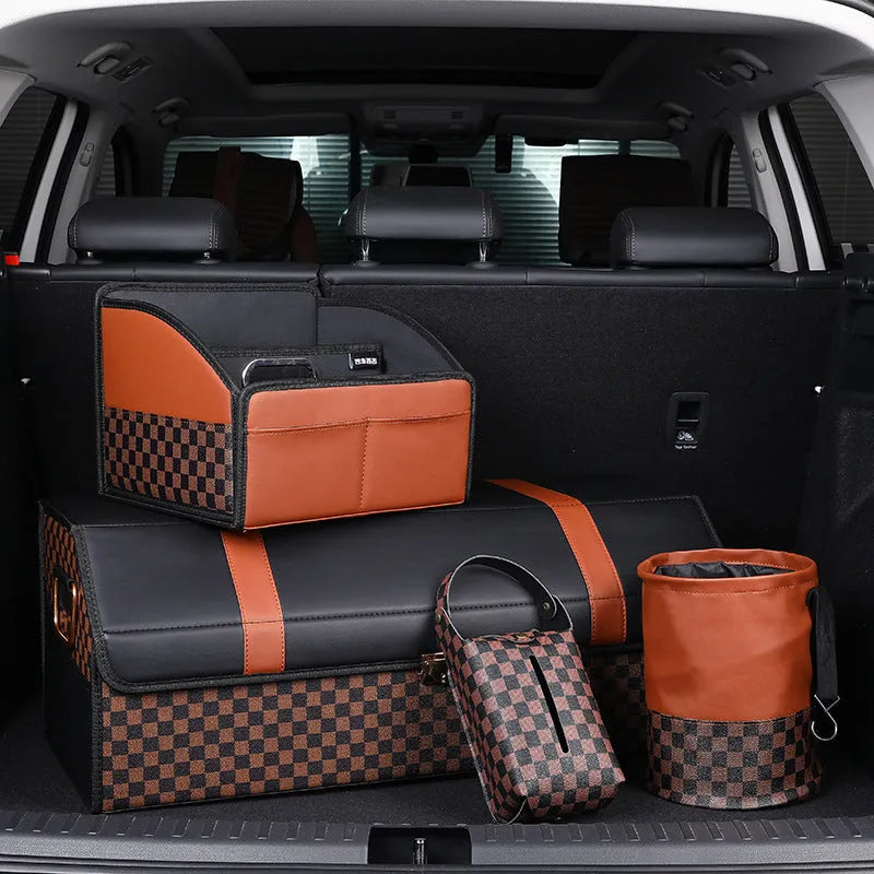 A leather interior car trash can shown in a folded and unfolded state.