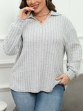 Women's plus size polo collar shirt with lantern sleeves in melange gray velvet dyed polar fleece fabric
