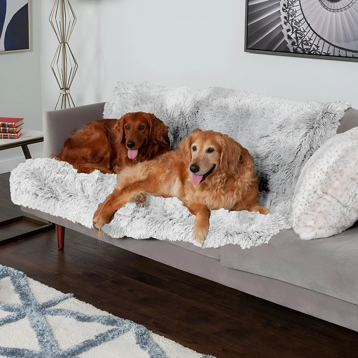 Waterproof plush dog cushion in dark grey showing double layer thickening construction