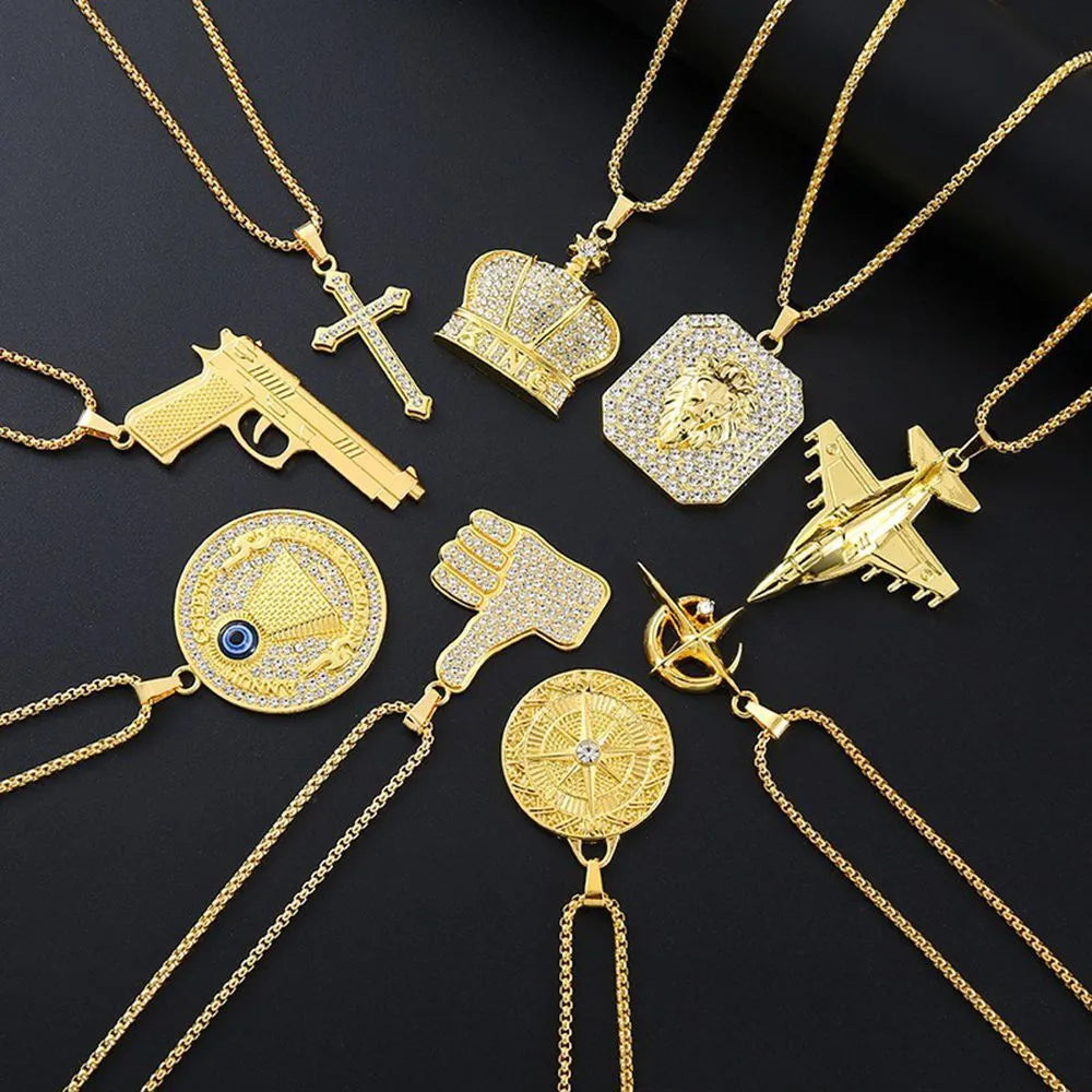 Geometric gold-tone alloy pendant necklace with diamond-cut zircon stone