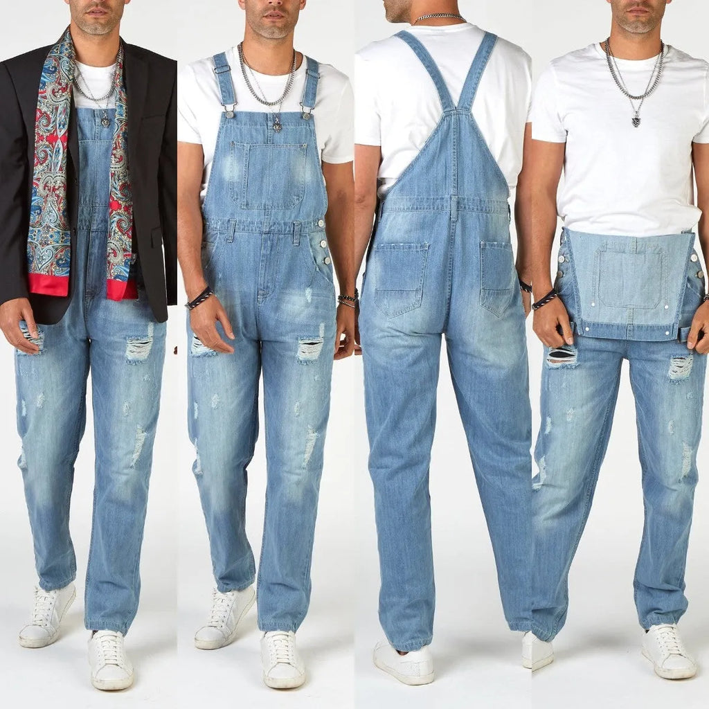 Men's light blue ripped suspender jeans with button fly and straight leg cut