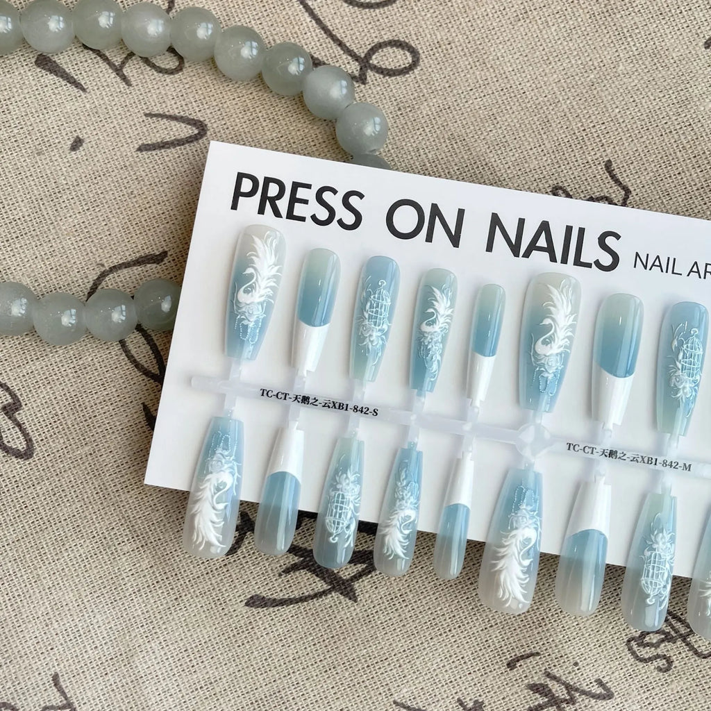 Antique swan relief embroidery press-on nail tips, 40pcs set in SMSXS, with matte or glossy finish options.