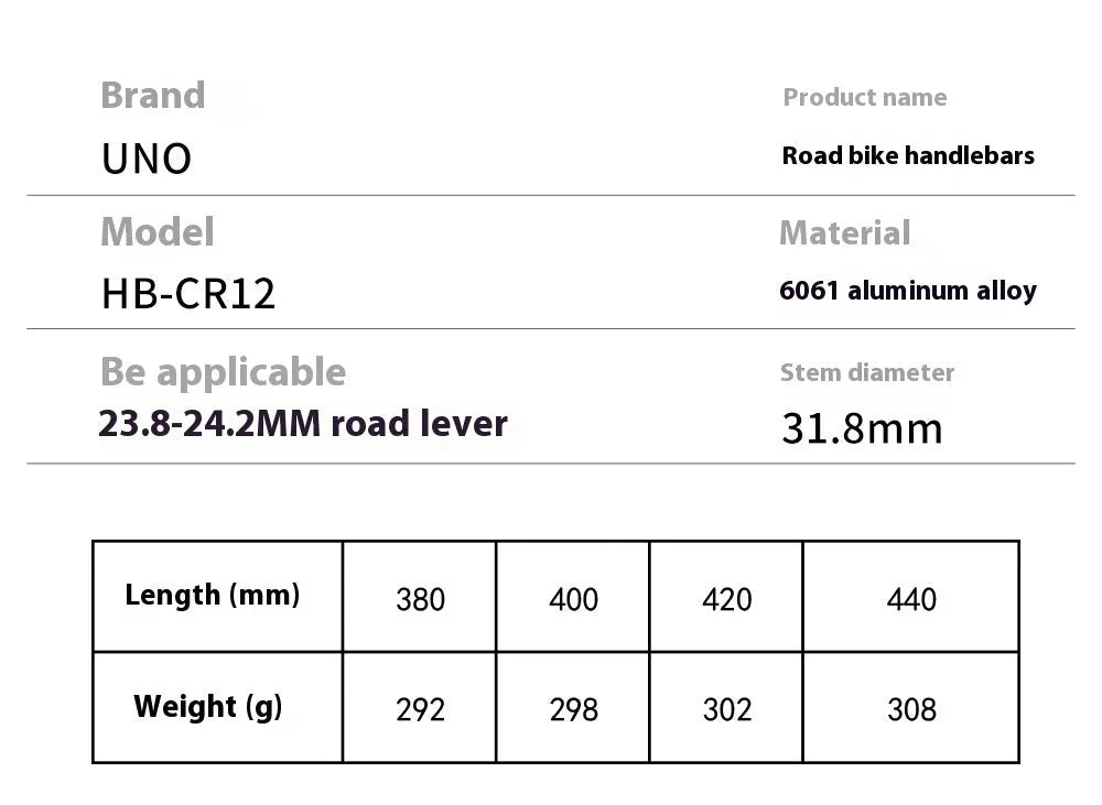 UNO black aluminium alloy road bike drop handlebar showing small bend and printing mark on clamp.