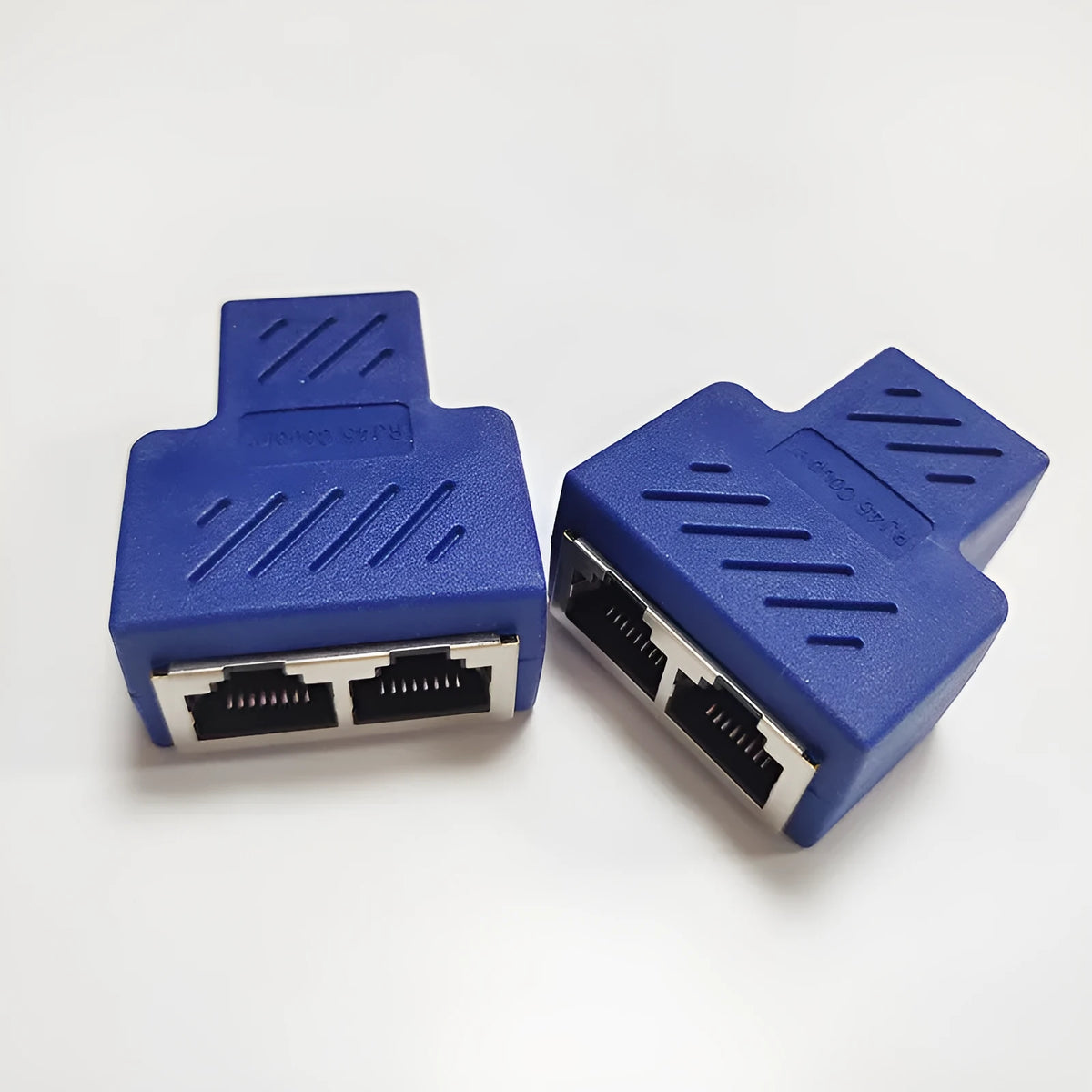RJ45 network cable splitter adapter showing one input and two output ports in multiple colour options